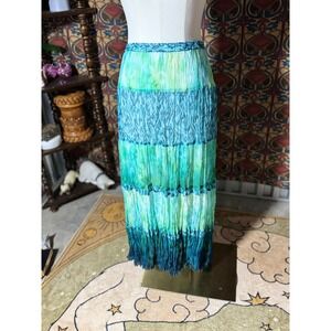 Chicos Maxi Skirt Green Blue Turquoise Fringed Crinkle Tiered Boho Hippie